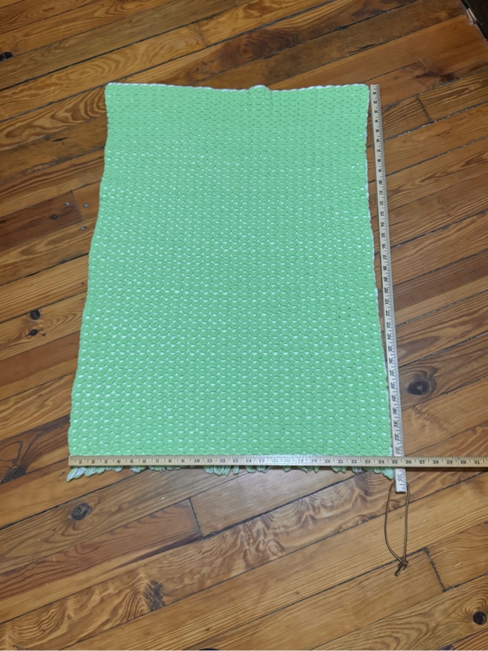 Hand Crocheted Light Green & White Baby Blanket with Fringe. Vintage